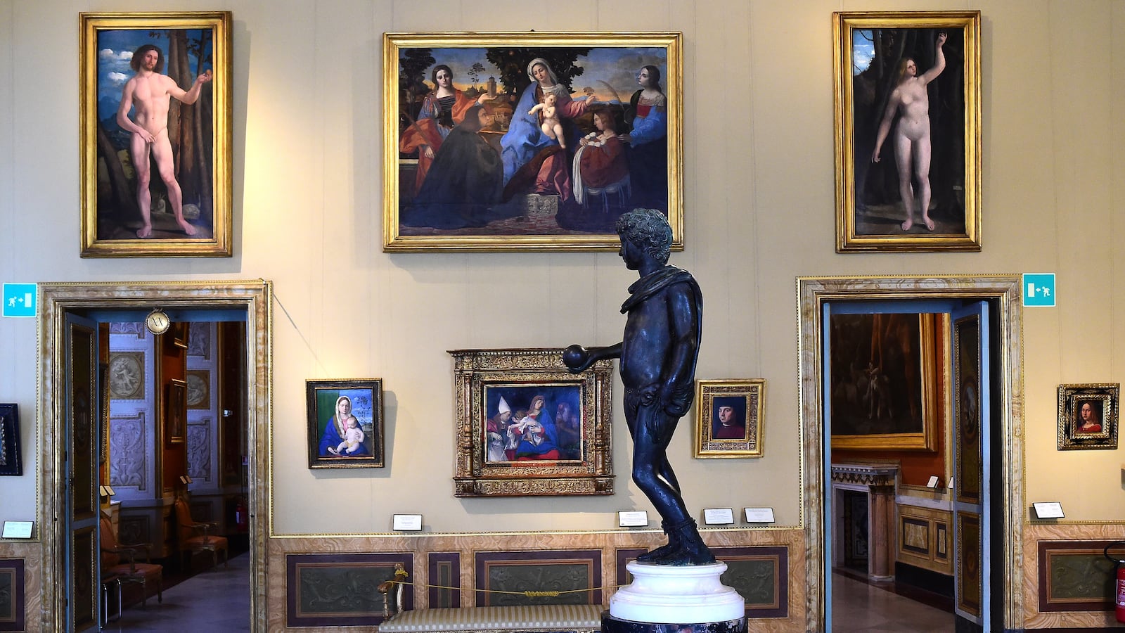 A view of the The Psiche Hall with the masterpieces by Italian rinascimentale artists Tiziano Vecellio, Antonello da Messina, Paolo Veronese, Giovanni Bellini, and Palma il Vecchio.