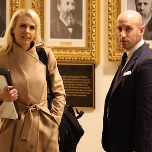 WASHINGTON, DC - MARCH 01: Executive assistant to the President Natalie Harp and U.S Homeland Security Advisor and White House Deputy Chief of Staff Stephen Miller return to the White House on March 01, 2026 in Washington, DC. On Saturday, President Trump announced that the United States and Israel had launched strikes on Iran targeting political and military leaders, as well as Iran's ballistic missile and nuclear programs. (Photo by Tasos Katopodis/Getty Images)