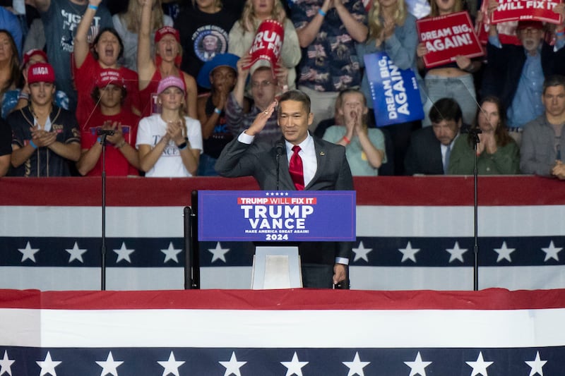 Acting Navy Secretary Hung Cao speaking at a campaign rally for Donald Trump while he was a GOP Senate candidate in Virginia on November 2, 2024.