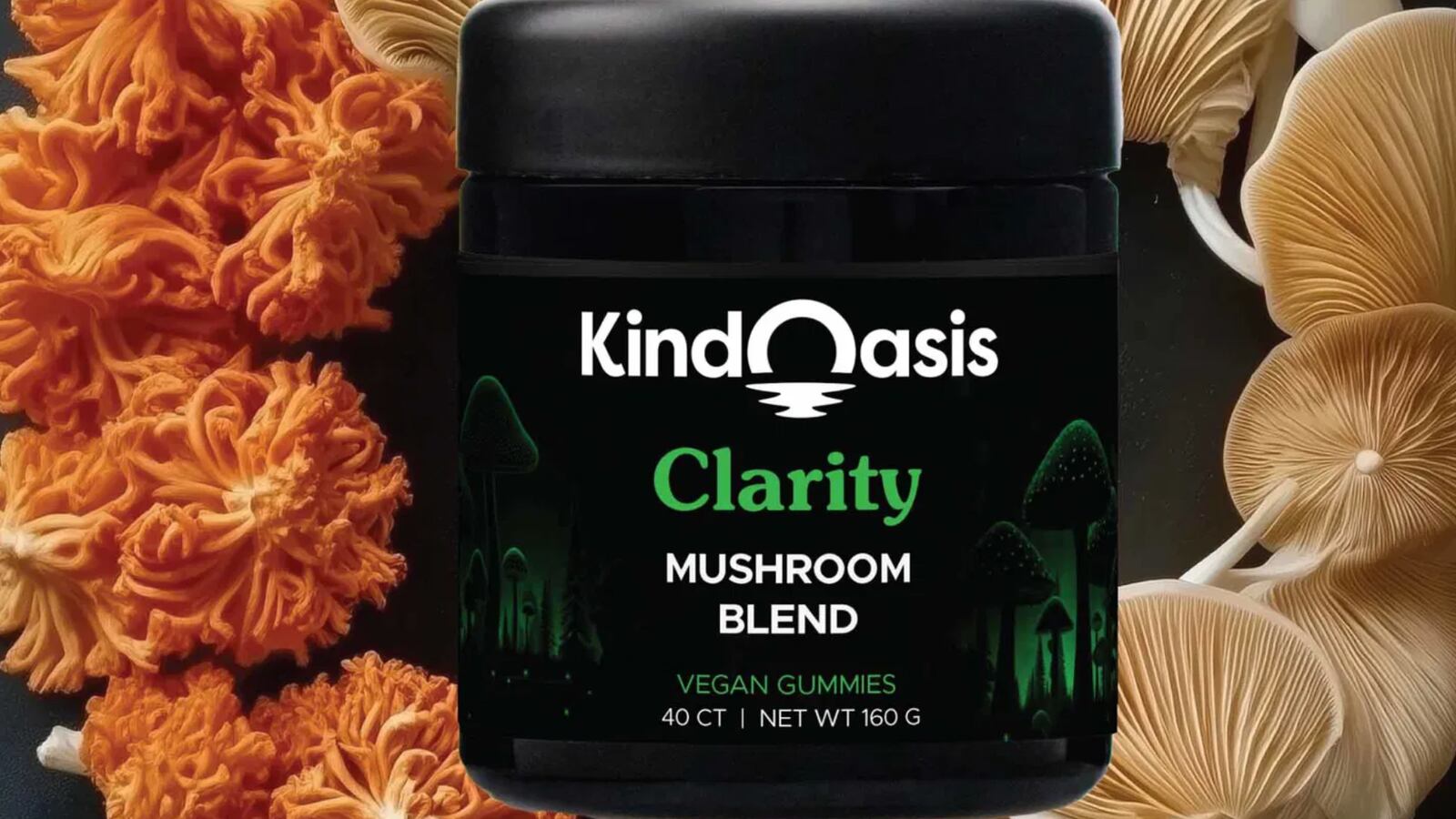 Kind Oasis Clarity Mushroom Blend Vegan Gummies in a black jar surrounded by vibrant orange and beige mushrooms, showcasing a natural and earthy aesthetic.