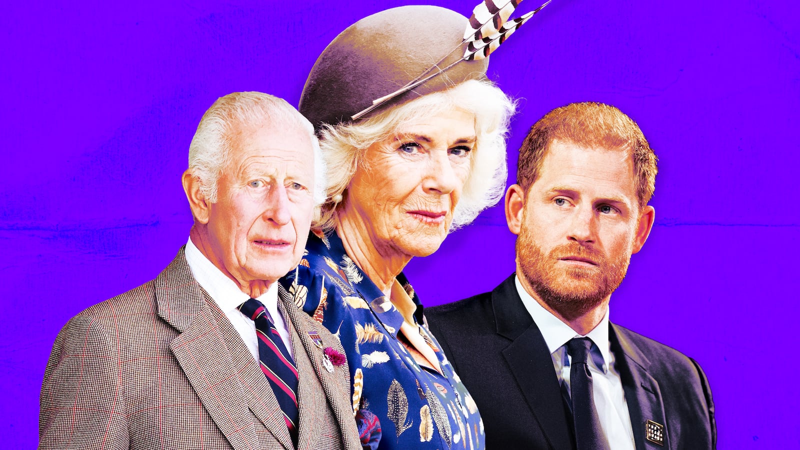 A photo illustration of King Charles, Queen Consort Camilla, and Prince Harry.