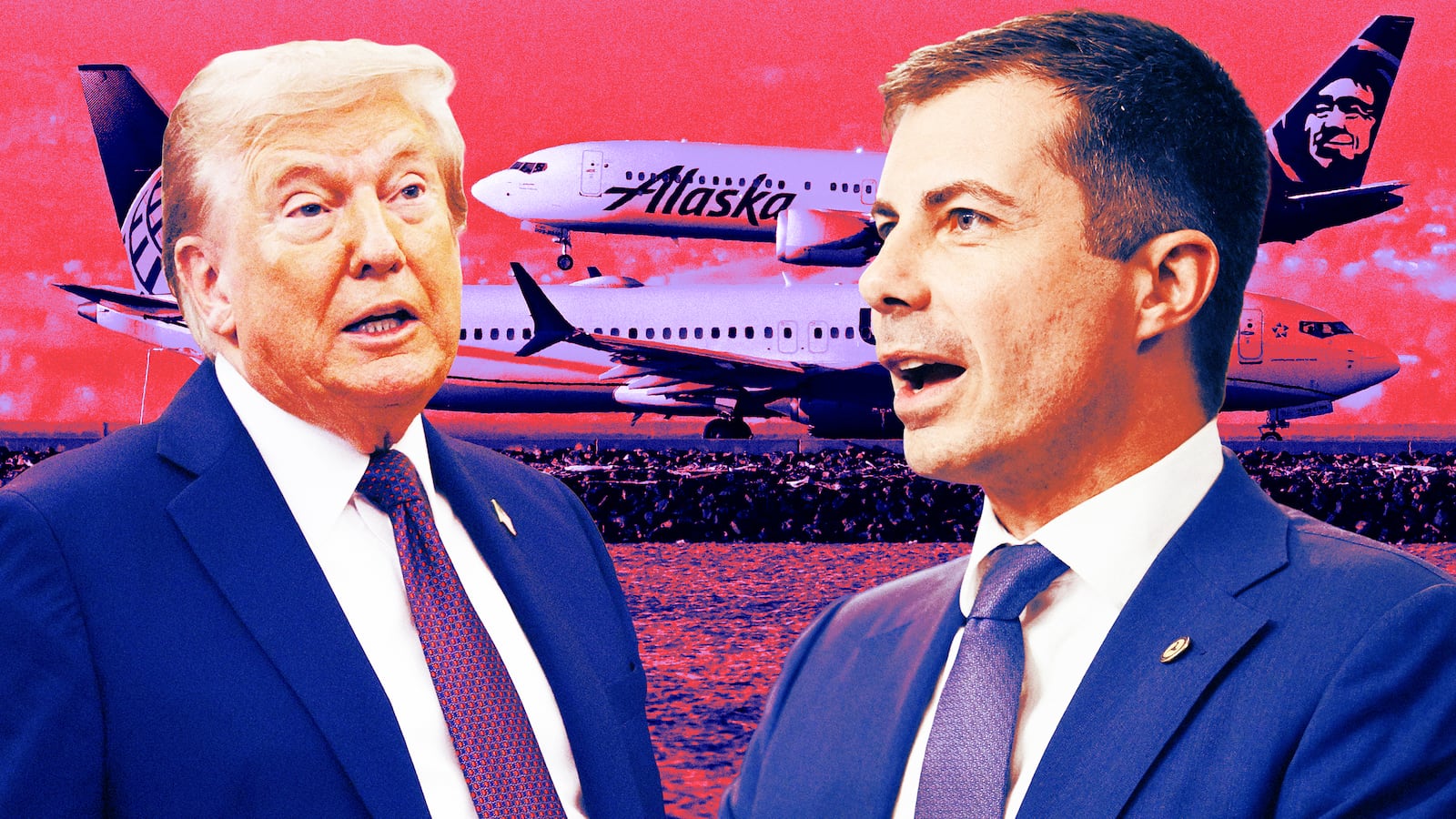 A photo illustration of Donald Trump and Pete Buttigieg and a taxiing runway of aircraft.