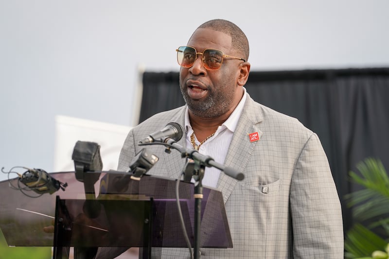 Marvin Arrington Jr. speaks onstage during a ceremony in remembrance of Rico Wade on May 09, 2025 in East Point, Georgia. A monument in his honor was unveiled at the intersection of Headland Drive and Delowe Drive. (Photo by Julia Beverly/Getty Images)