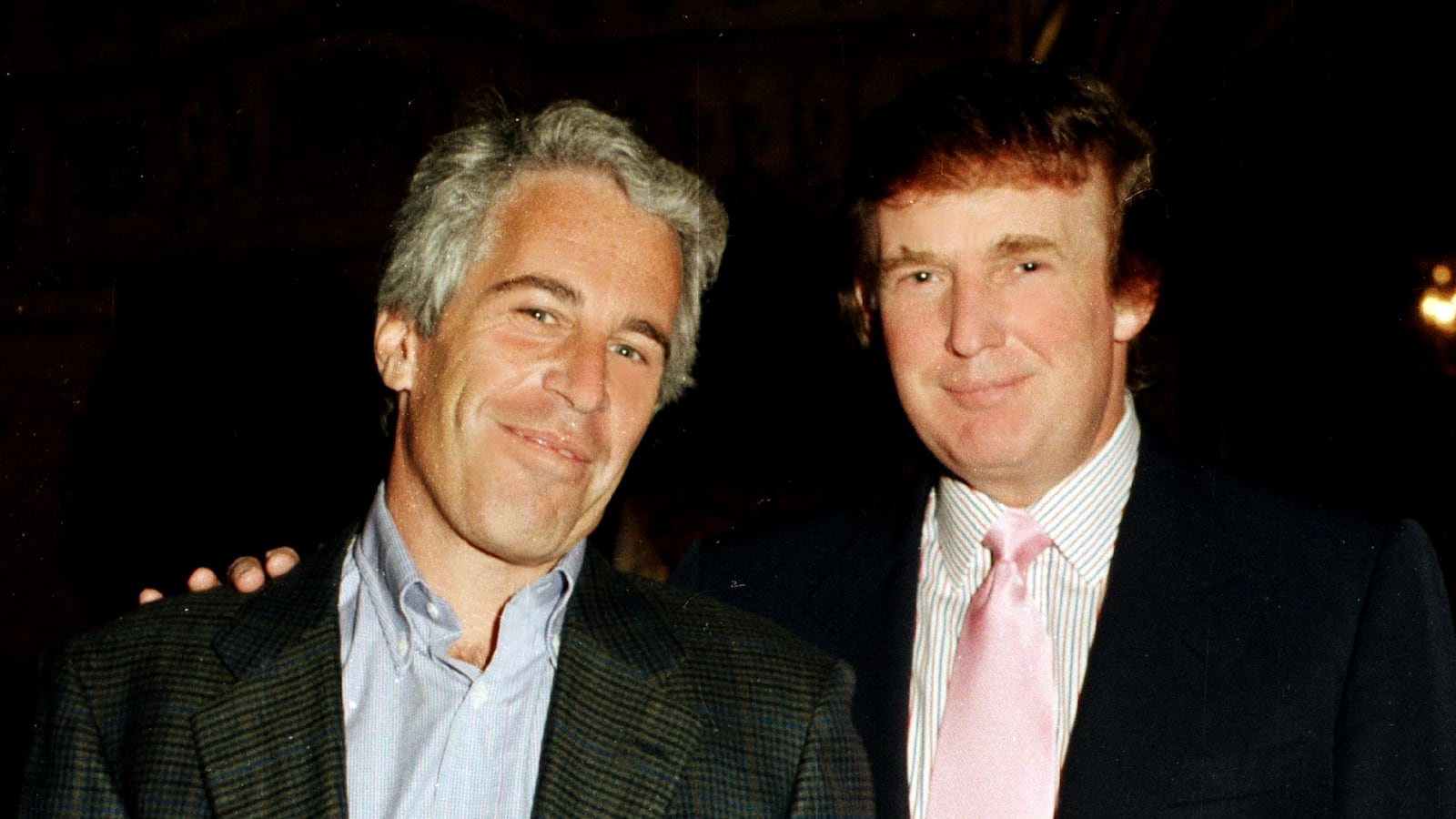 Portrait of American financier Jeffrey Epstein (left) and real estate developer Donald Trump as they pose together at the Mar-a-Lago estate, Palm Beach, Florida, 1997.