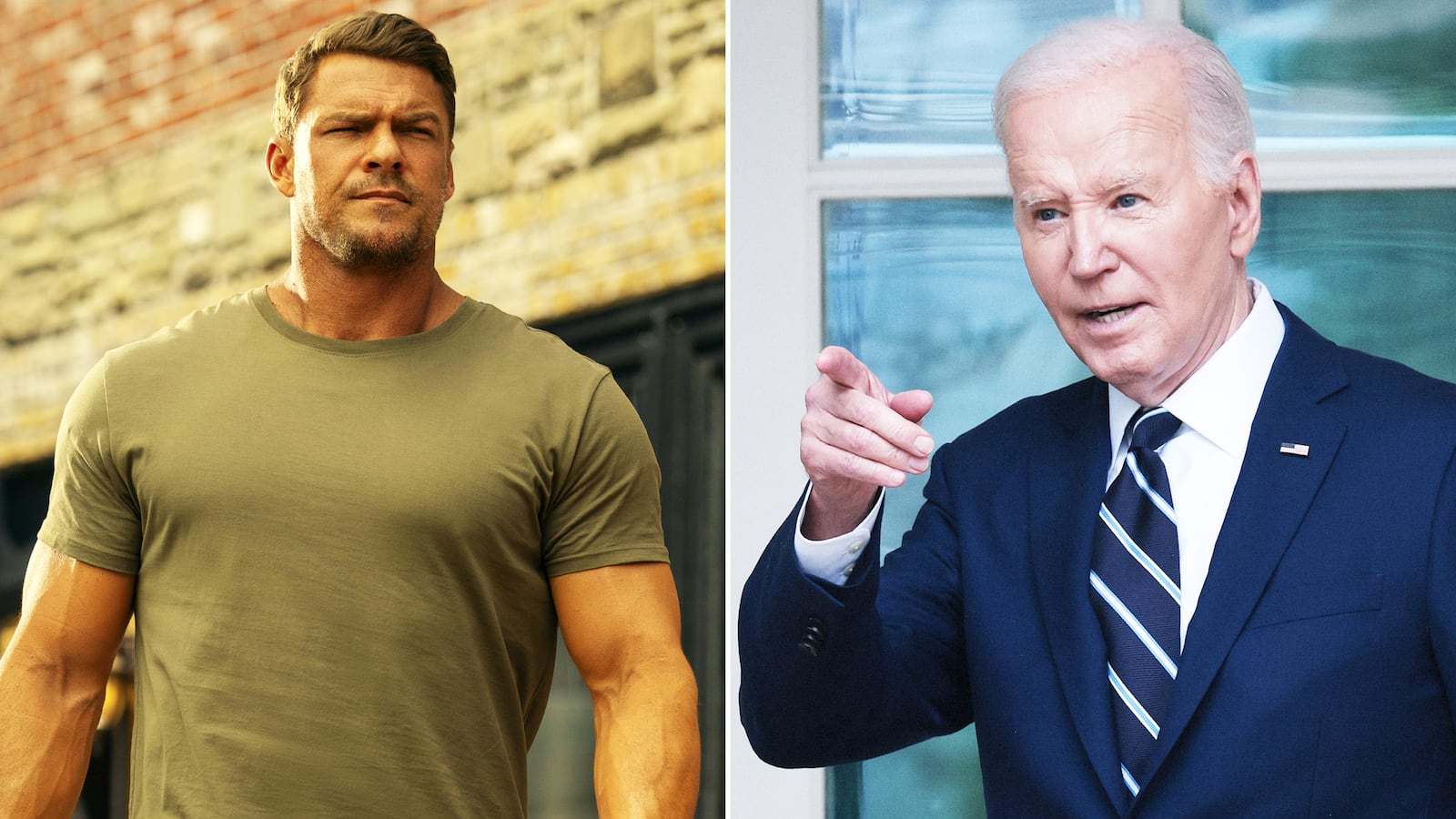 Alan Ritchson as Reacher and Joe Biden.