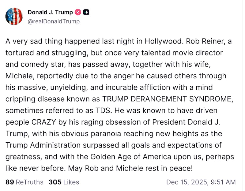 Trump posted about Rob Reiner's death on his Truth Social account.