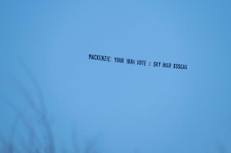 ALLENTOWN, PENNSYLVANIA - MARCH 29: A plane sponsored by the Battleground Alliance Action Fund flies over the Lehigh Valley IronPigs game on March 29, 2026 in Allentown, Pennsylvania. The plane pulls a banner calling out Rep. Ryan Mackenzie (R-PA) for his votes causing high prices. (Photo by Lisa Lake/Getty Images for Battleground Alliance Action Fund)
