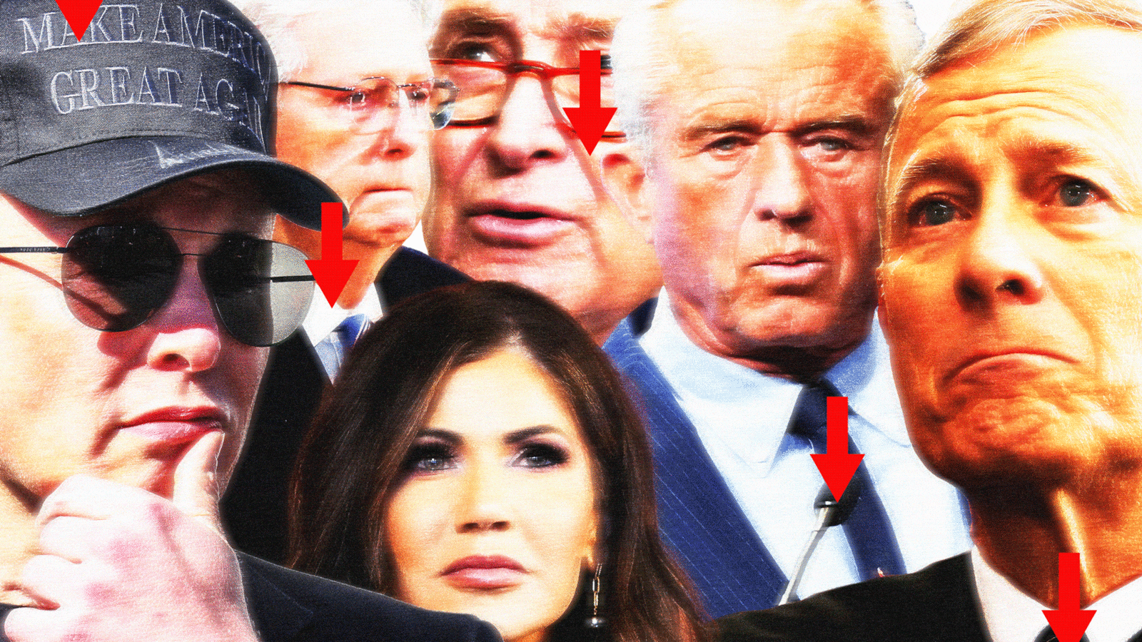 Elon Musk, Mitch McConnell, Kristi Noem, Chuck Schumer, Robert F Kennedy, Jr, and John Roberts with arrows moving downward