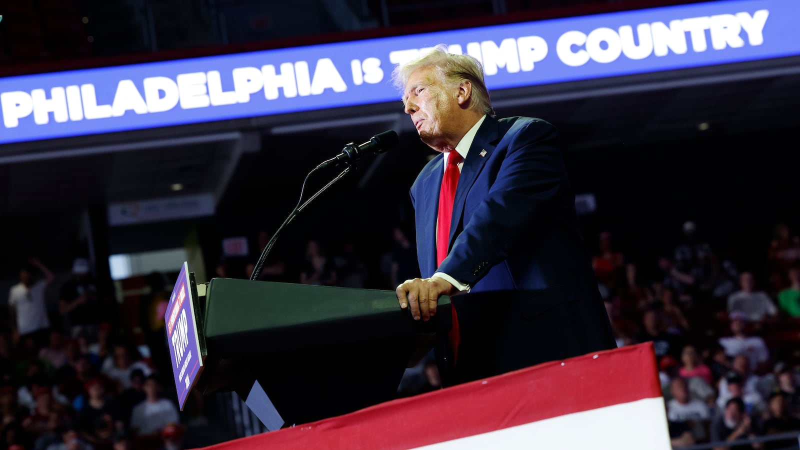 Republican presidential candidate, former U.S. President Donald Trump speaks at a campaign rally at the Liacouras Center on June 22, 2024 in Philadelphia, Pennsylvania.