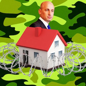 A photo illustration of Stephen Miller, a suburban home wrapped in barbed wired, and woodland camouflage background.