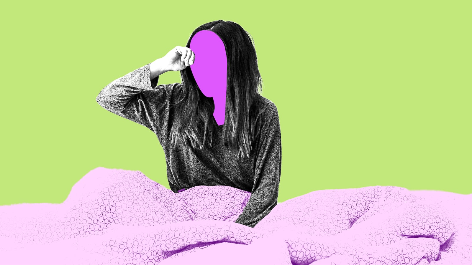 Woman in bed yawning in front of a green background with a purple face