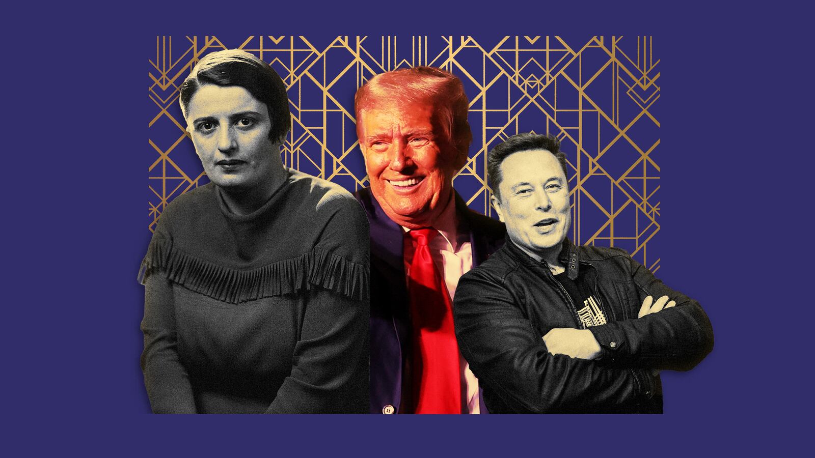 A photo illustration of Ayn Rand, former President Donald Trump and Elon Musk.