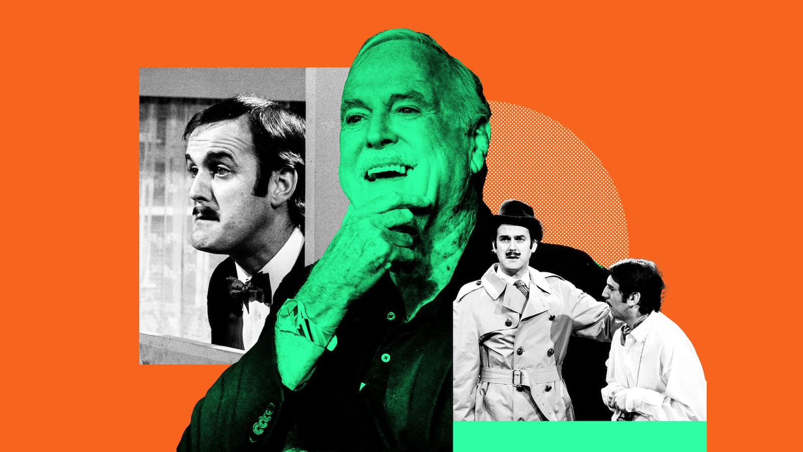 A photo illustration of John Cleese with stills of him from The Flying Circus