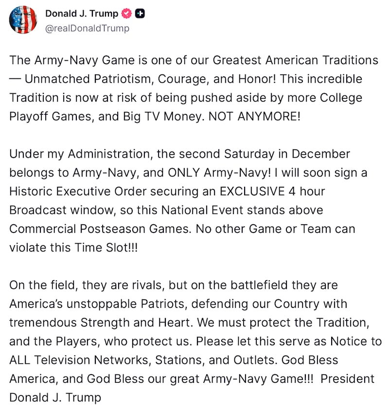 Donald Trump posts his Army-Navy Game demands on Truth Social.