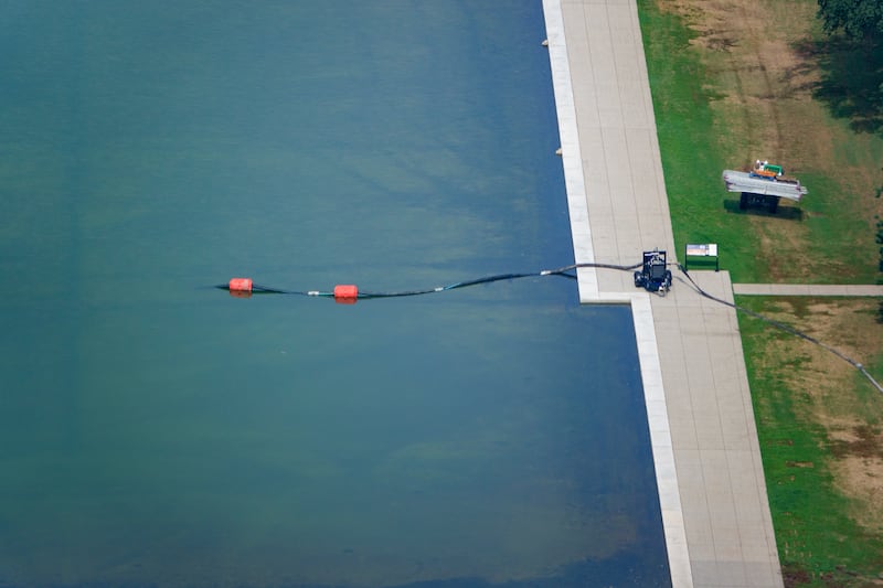 WASHINGTON, DC - JULY 10: A pump is seen in the fenced-off Lincoln Memorial Reflecting Pool on July 10, 2026 in Washington, DC. (Photo by Kevin Carter/Getty Images)