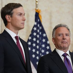 Jared Kushner and Steve Witkoff, Special Envoy for Peace Missions listen as Vice President JD Vance speaks during a news conference after meeting with representatives from Pakistan and Iran, Sunday, April 12, 2026, in Islamabad, Pakistan.