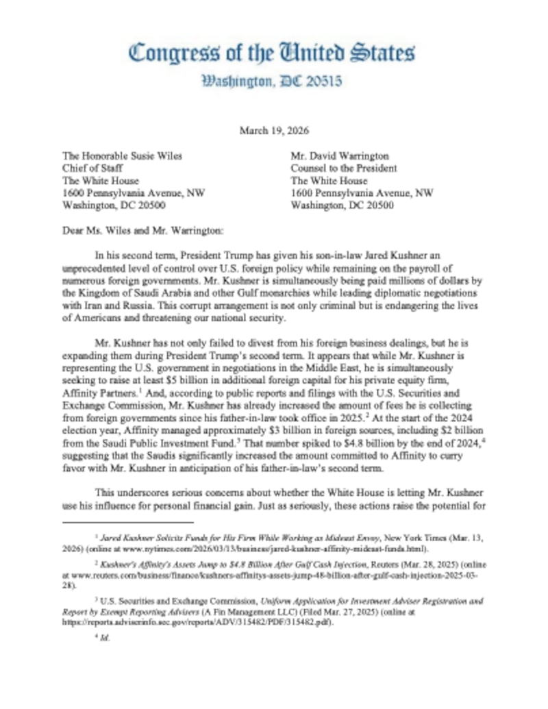 letter to White house on jared kushner