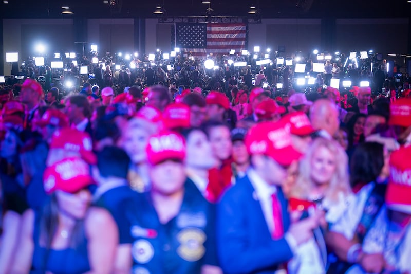 A riser filled with television reporters and members of the media wait for results before Republican presidential nominee Donald Trump is declared the winner during an election night watch party at the Palm Beach County Convention Center in West Palm Beach, Florida on Tuesday, Nov. 5, 2024.