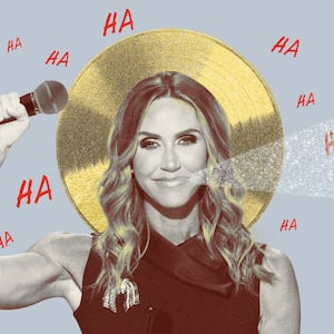 Photo illustration of Lara Trump singing.