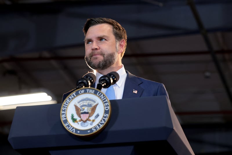Vice President JD Vance looks on as he speaks at CompoTech headquarters in Brewer, Maine, U.S., August 24, 2026.