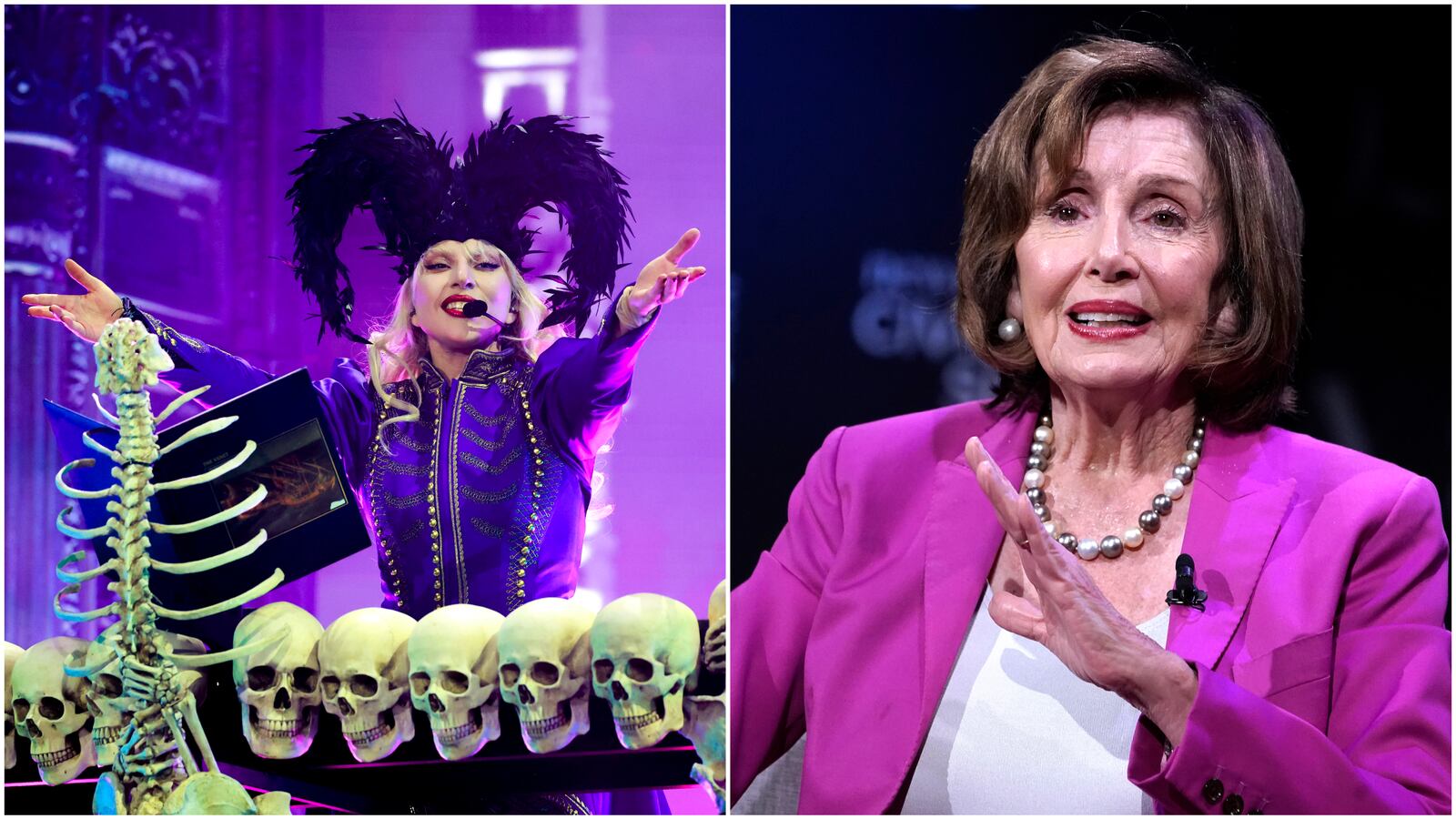 Collage of Lady Gaga (L) and Nancy Pelosi (R)