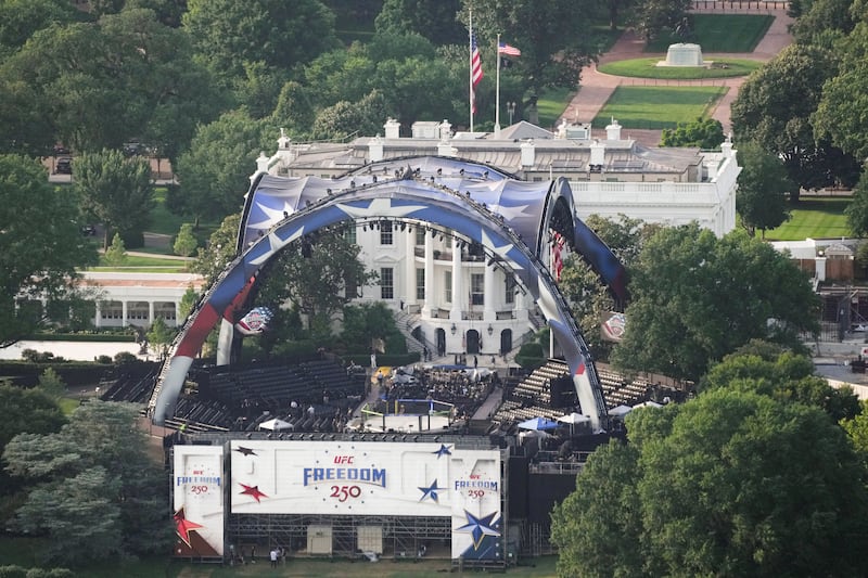 Preparations continue at a temporary arena that will host the UFC Freedom 250 fight card at the White House in Washington, D.C., U.S., June 11, 2026.