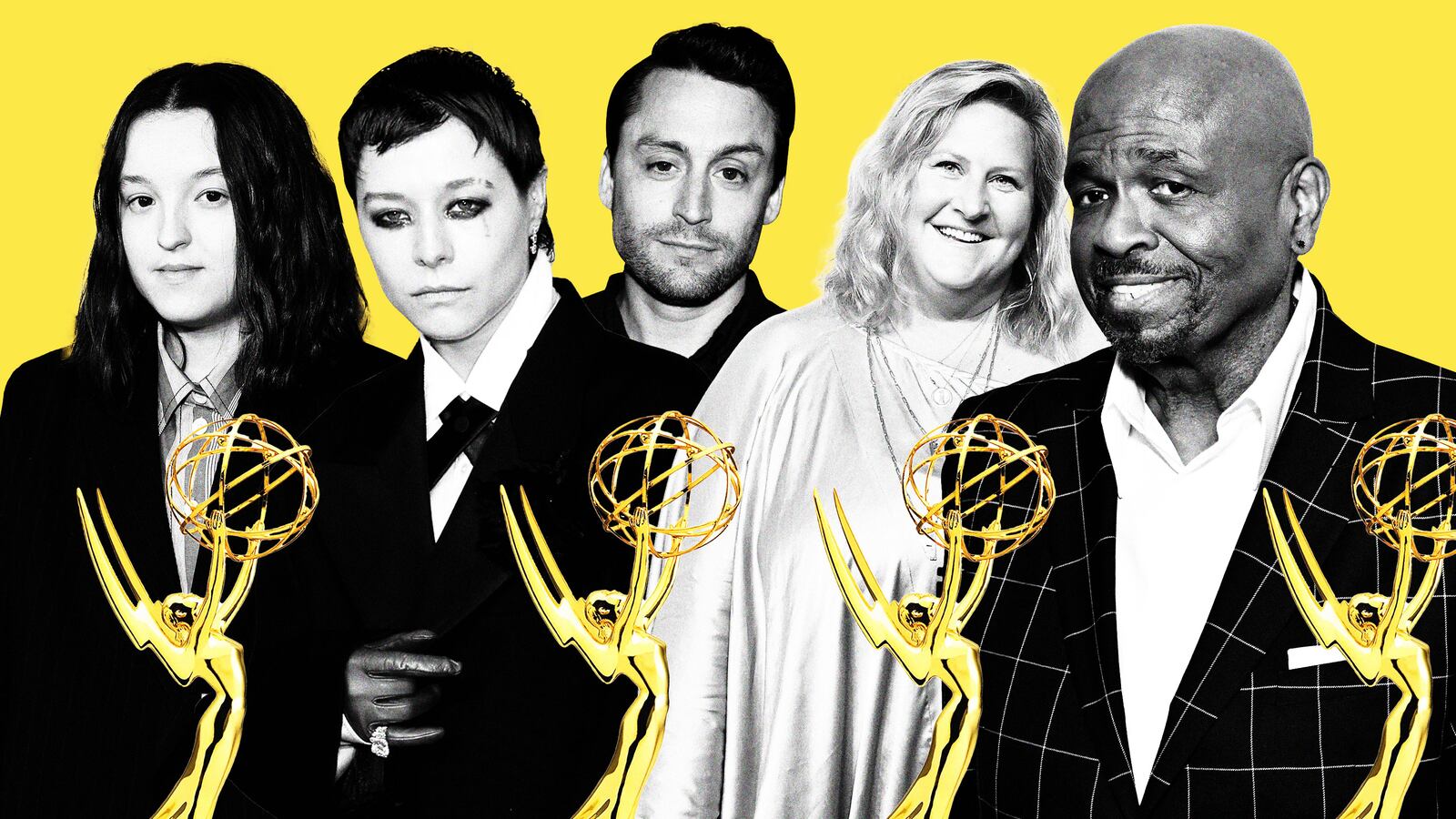 An illustration that includes images of Kieran Culkin, Emmy D’Arcy, William Stanford Davis, Bella Ramsey, Bridget Everett and an Emmy Award Statue.