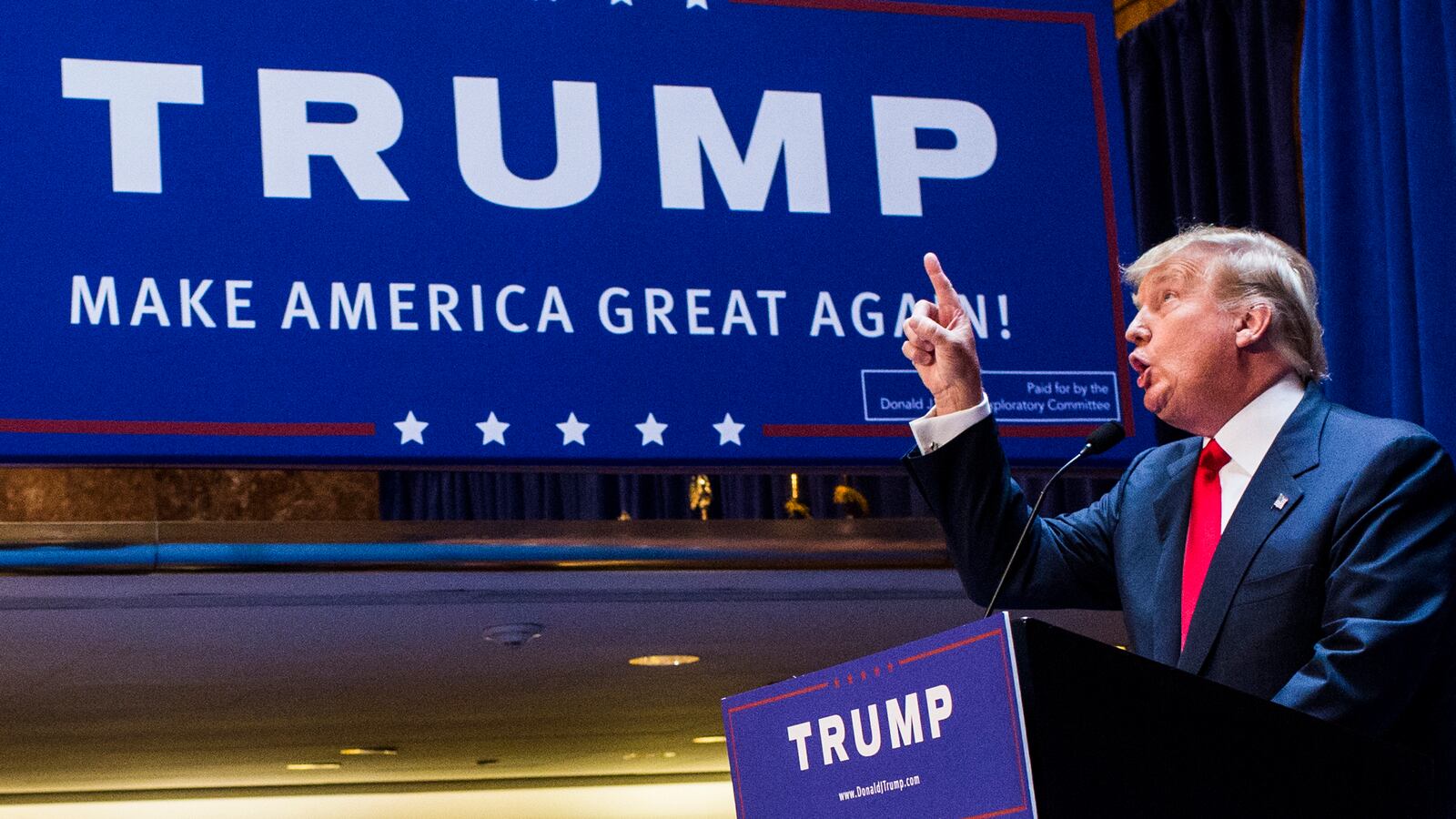 Donald Trump gives a speech at Trump Tower