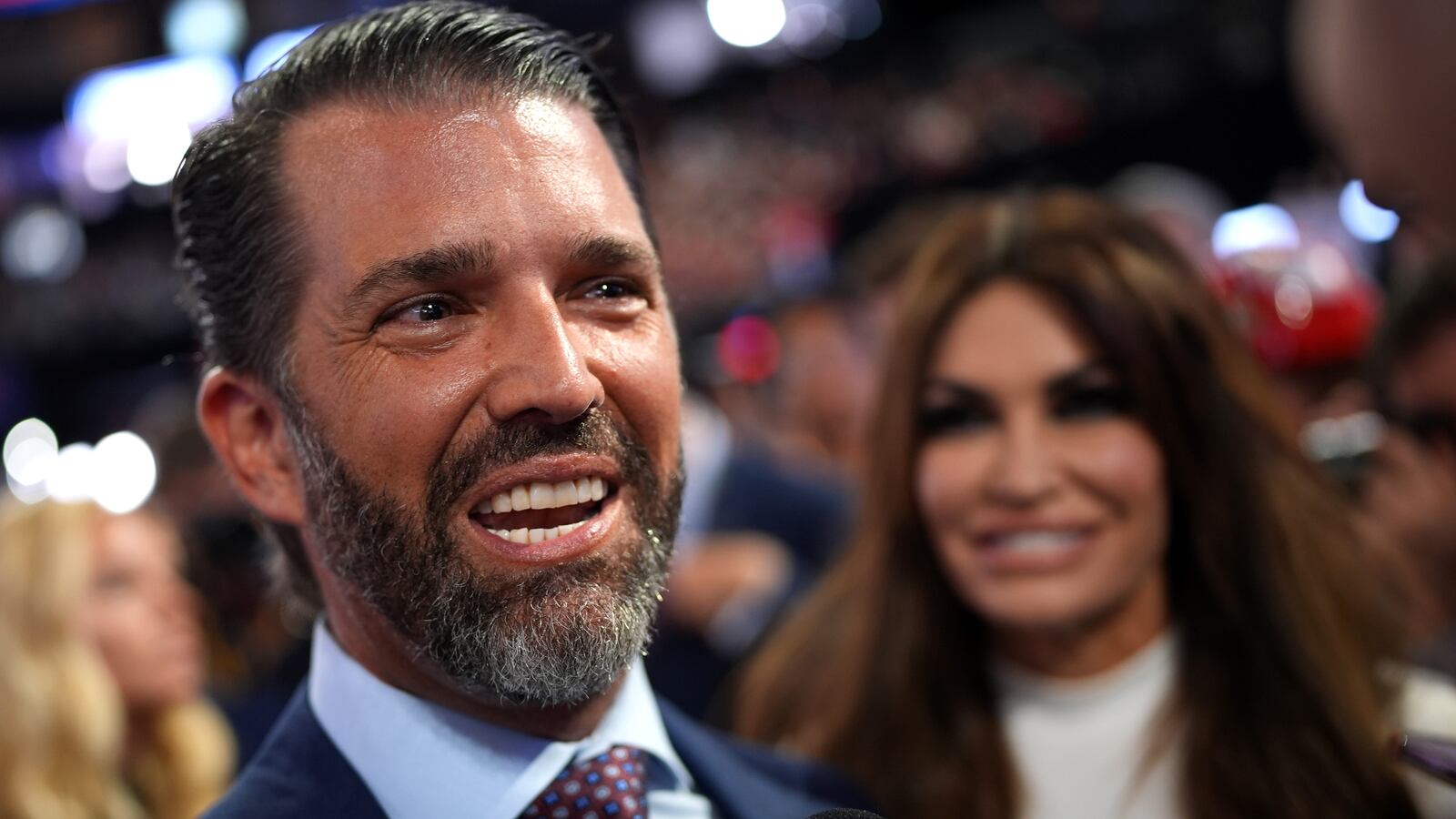 Donald Trump Jr., son of former U.S. President Donald Trump speaks to the media on the first day of the Republican National Convention at the Fiserv Forum on July 15, 2024 in Milwaukee, Wisconsin.
