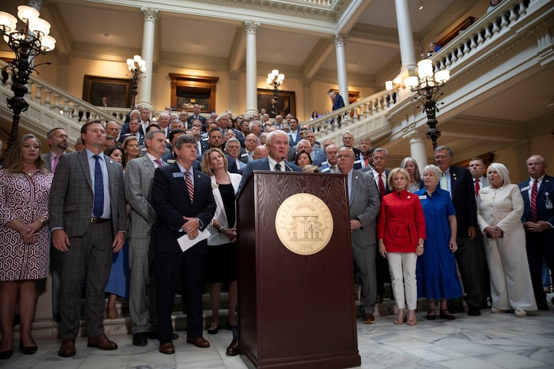 Georgia State House Speaker Jon Burns announces that the Georgia House will not redistrict the voter maps during a press conference at the Georgia State Capitol building as the Georgia Assembly prepares to hold a special session in Atlanta, Georgia, U.S. June 17, 2026.  REUTERS/Alyssa Pointer