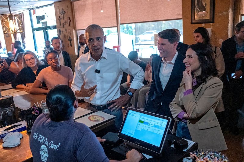 Former President Barack Obama with Texas Senate candidate James Talarico and Texas gubernatorial candidate Gina Hinojosa at the restaurant Taco Joint on the campaign trail on May 12, 2026 in Austin, Texas.