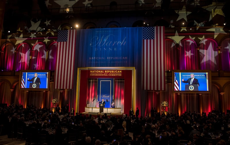 US President Donald Trump delivers remarks at the National Republican Congressional Committee March Dinner at the National Building Museum on March 20, 2018 in Washington, D.C.