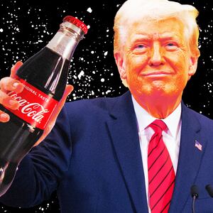 A photo illustration of President Donald Trump holding up a bottle of Coca-Cola.