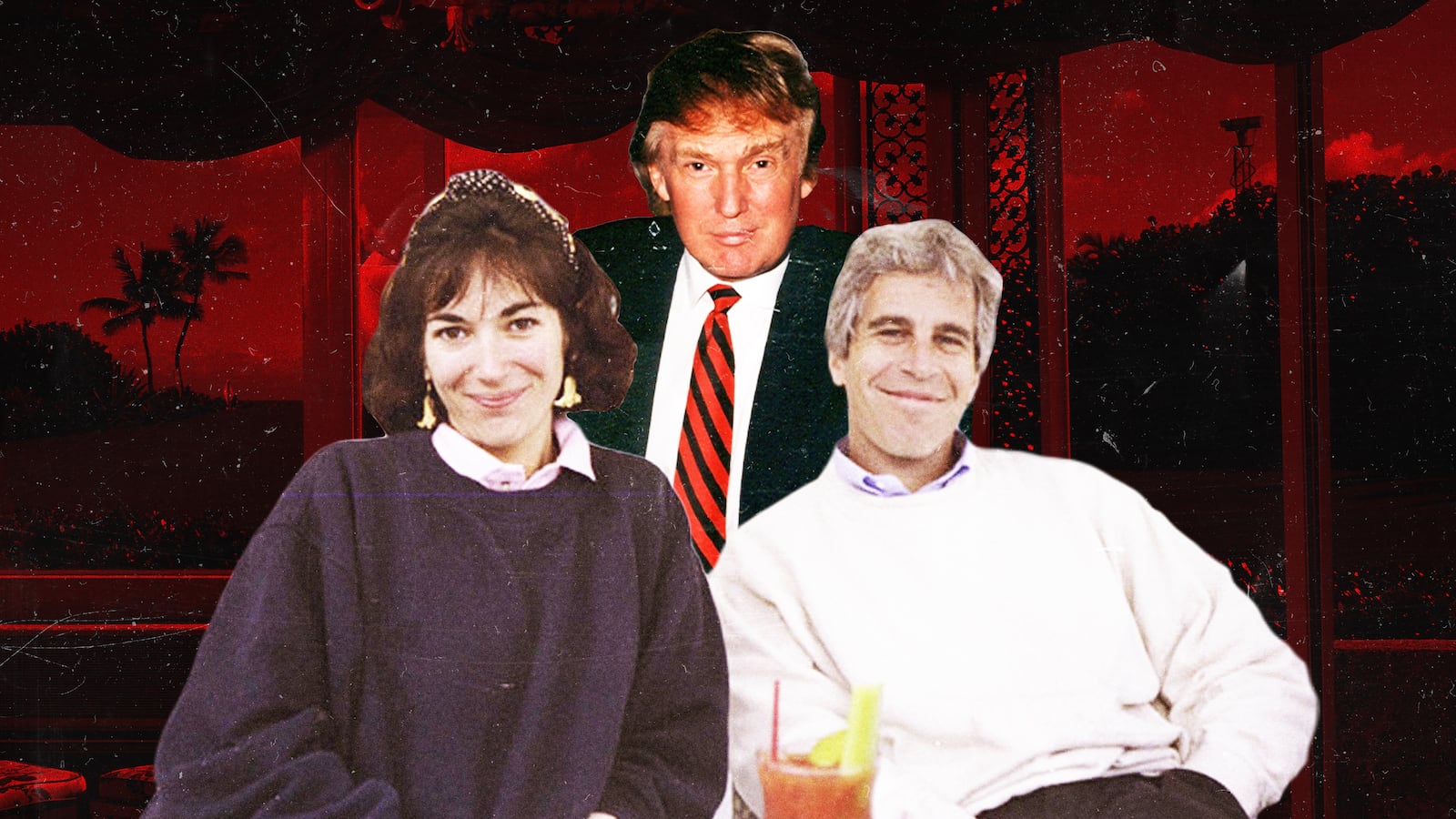 A photo illustartion of Ghislaine Maxwell, Donald Trump, Jeffrey Epstein, and a background of the interior of Mar-a-Lago in the 1990s.