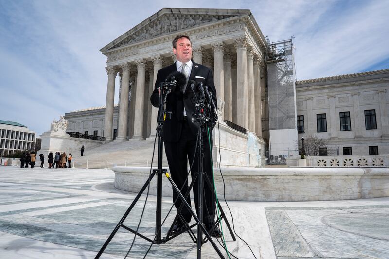 Andrew Bailey speaks with reporters outside the U.S. Supreme Court in Washington, D.C. in March 2024.
