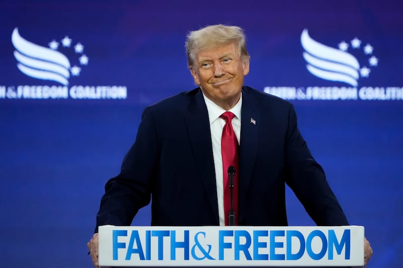 U.S. President Donald Trump speaks at the Faith and Freedom Road to Majority conference at the Washington Hilton on June 24, 2023, to an audience of conservative evangelical Christians.