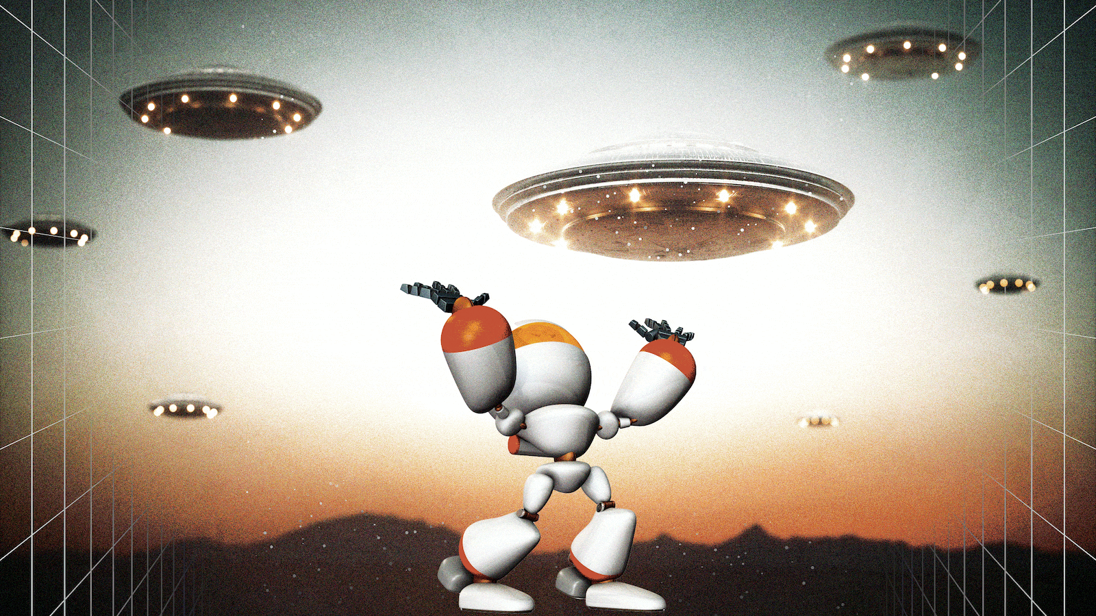 An illustration including a Robot and UFO spaceships