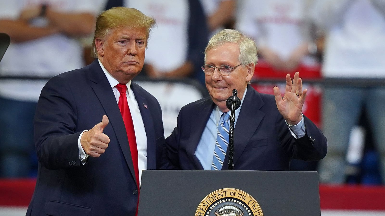 U.S. President Donald Trump stands with Senate Majority Leader Mitch McConnell during a campaign rally at the Rupp Arena on November 4, 2019 in Lexington, Kentucky.