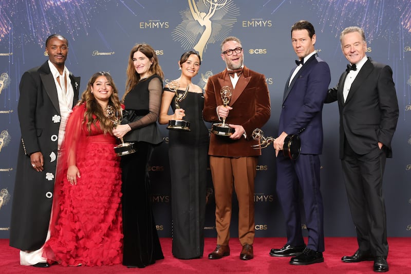 LOS ANGELES, CALIFORNIA - SEPTEMBER 14: (L-R) Dewayne Perkins, Keyla Monterroso Mejia, Kathryn Hahn, Chase Sui Wonders, Seth Rogen, Ike Barinholtz, and Bryan Cranston, winners of Outstanding Comedy Series, Outstanding Writing For a Comedy Series, Lead Actor in a Comedy Series, and Outstanding Guest Actor in a Comedy Series, pose in the press room during The 77th Primetime Emmy Awards at Peacock Theater on September 14, 2025 in Los Angeles, California. (Photo by Stewart Cook/CBS via Getty Images)