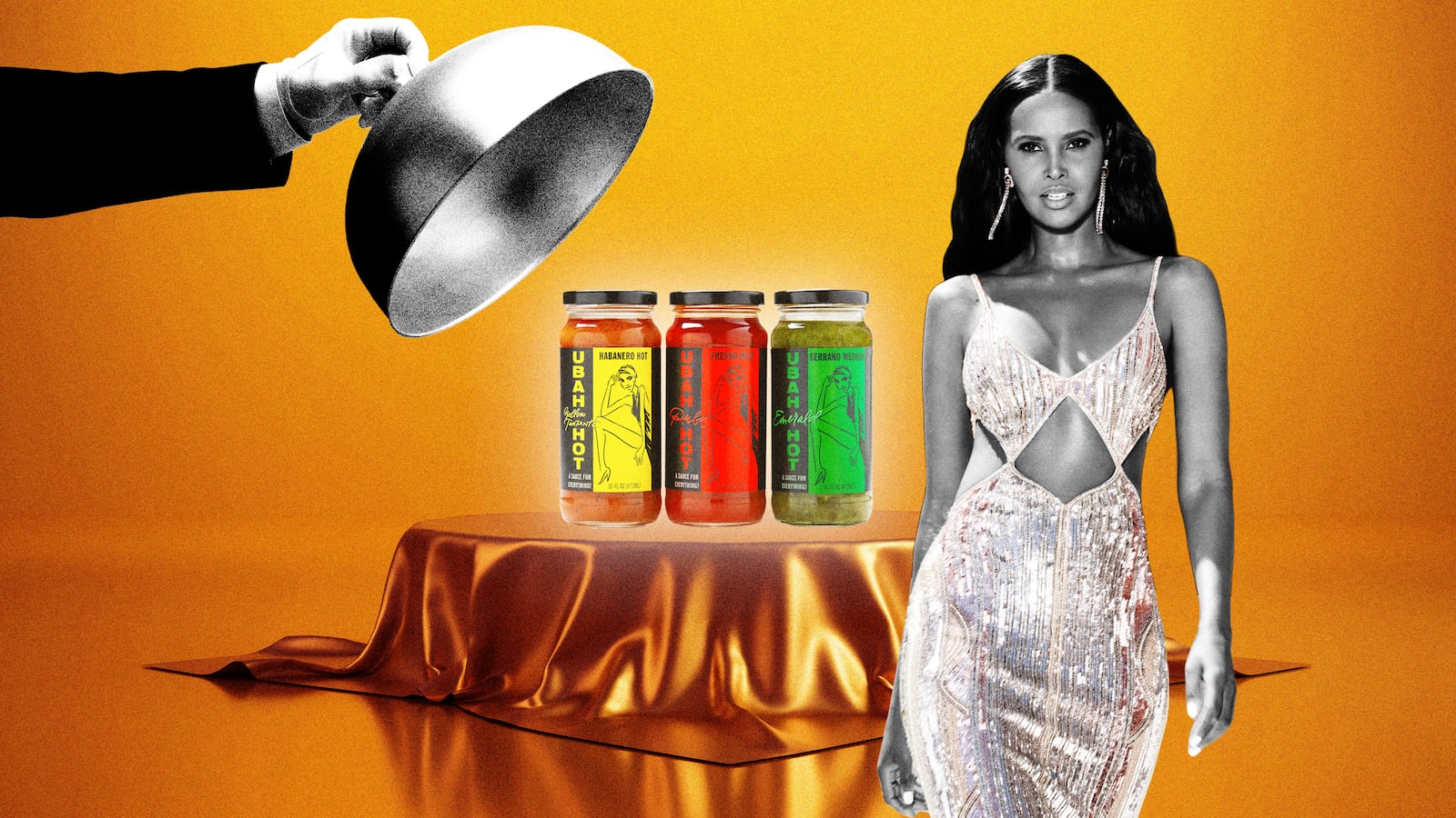 A photo illustration of Ubah Hassan and her hot sauce line Ubah Hot.