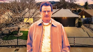 A photo illustration of Bryan Cranston in Breaking Bad and the original house from the series.