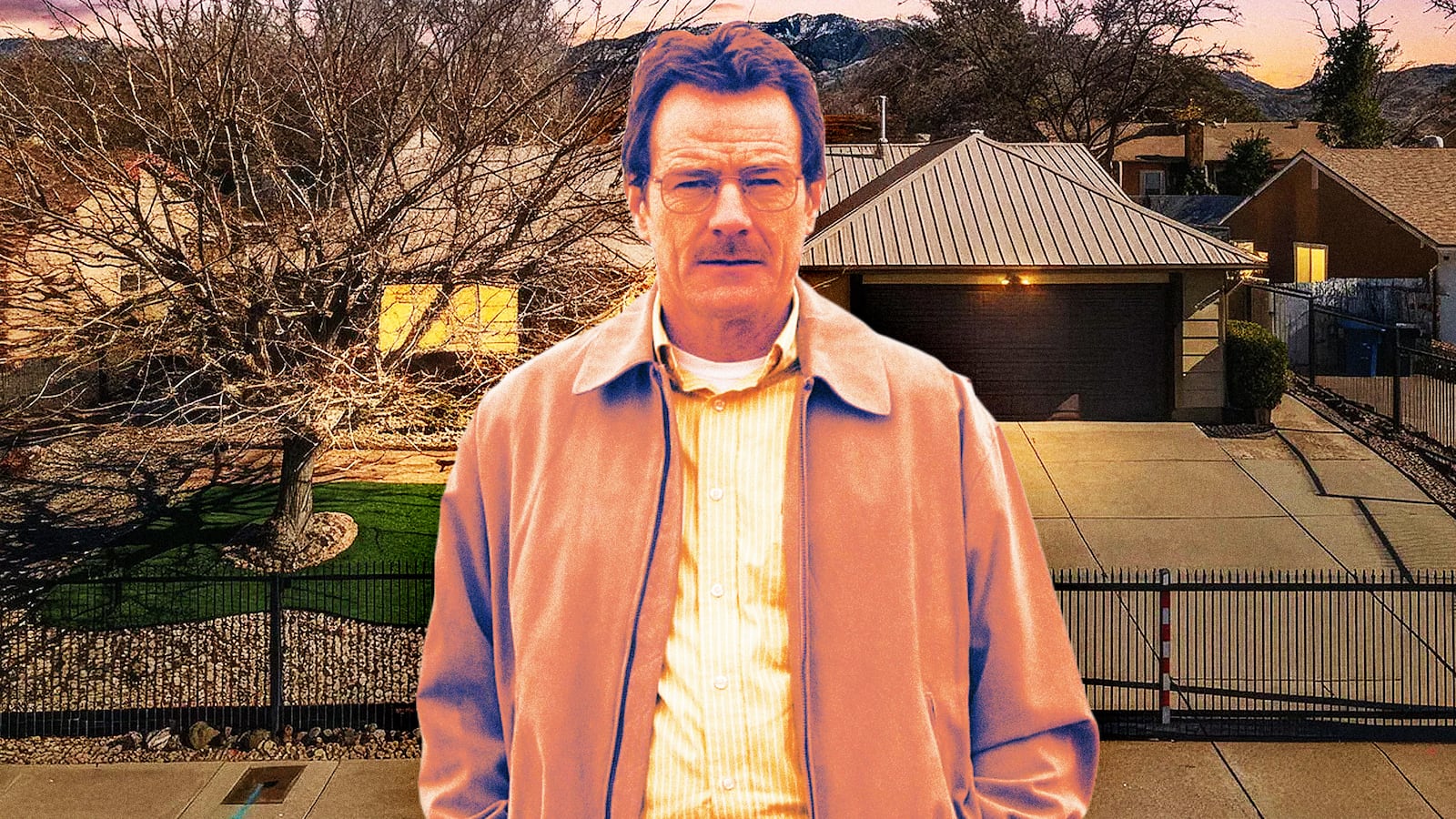 A photo illustration of Bryan Cranston in Breaking Bad and the original house from the series.