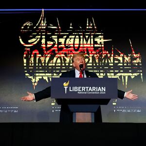  Former U.S. President and Republican presidential candidate Donald Trump addresses the Libertarian Party National Convention at the Washington Hilton on May 25, 2024 in Washington, DC.