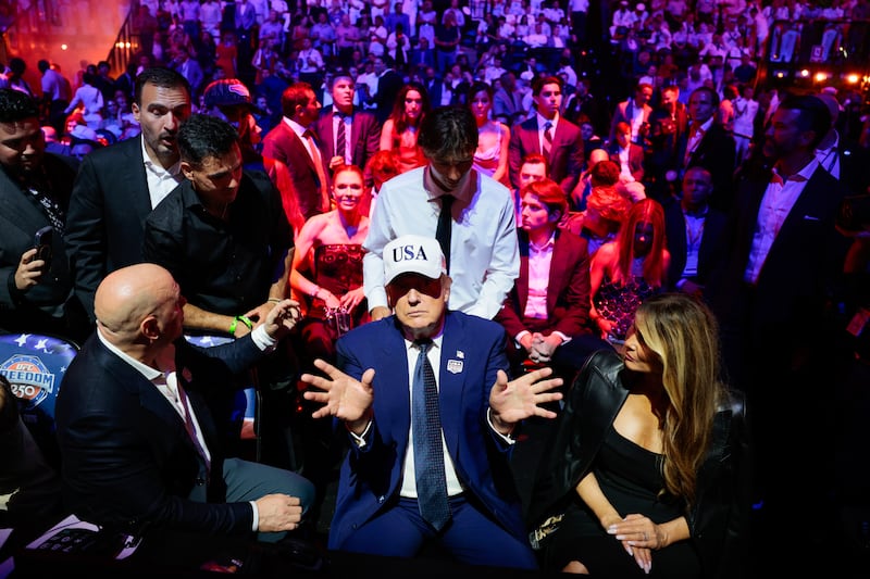 U.S. President Donald Trump gestures as he attends UFC Freedom 250 on the South Lawn of the White House on June 15, 2026 in Washington, DC. President Donald Trump is hosting a series of Ultimate Fighting Championship matches on his 80th birthday, which the White House is calling "a once-in-a-generation celebration of the American fighting spirit.”