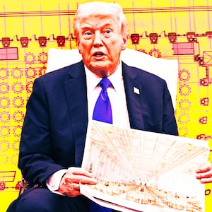 A photo illustration of President Donald Trump showing the floor plan of his planned ballroom.