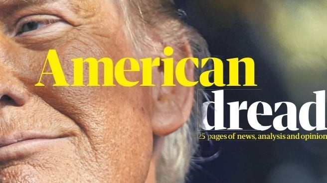 The Guardian's November 7, 2024 front page, which shows Donald Trump along with the headline "American dread."