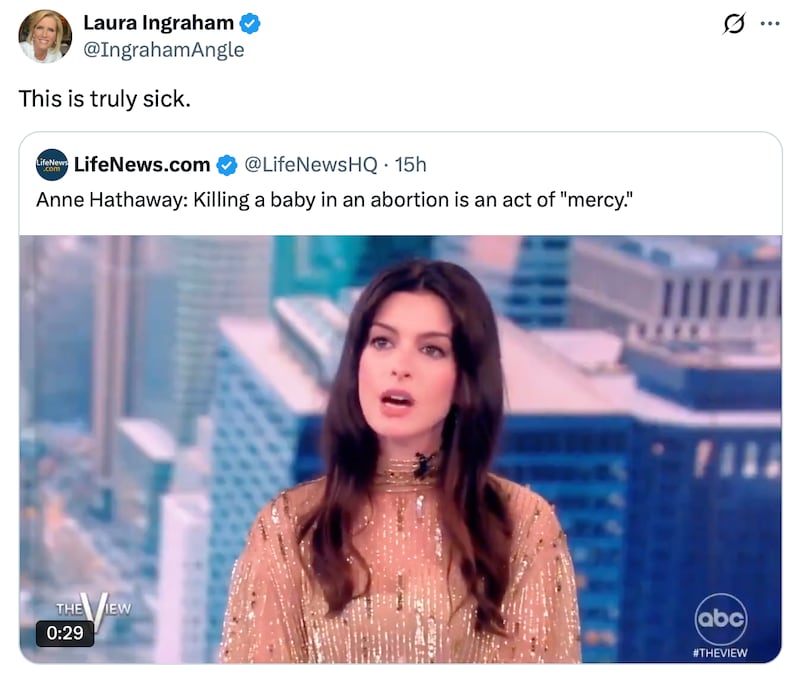 Laura Ingraham lashes out at an old Anne Hathaway comment.