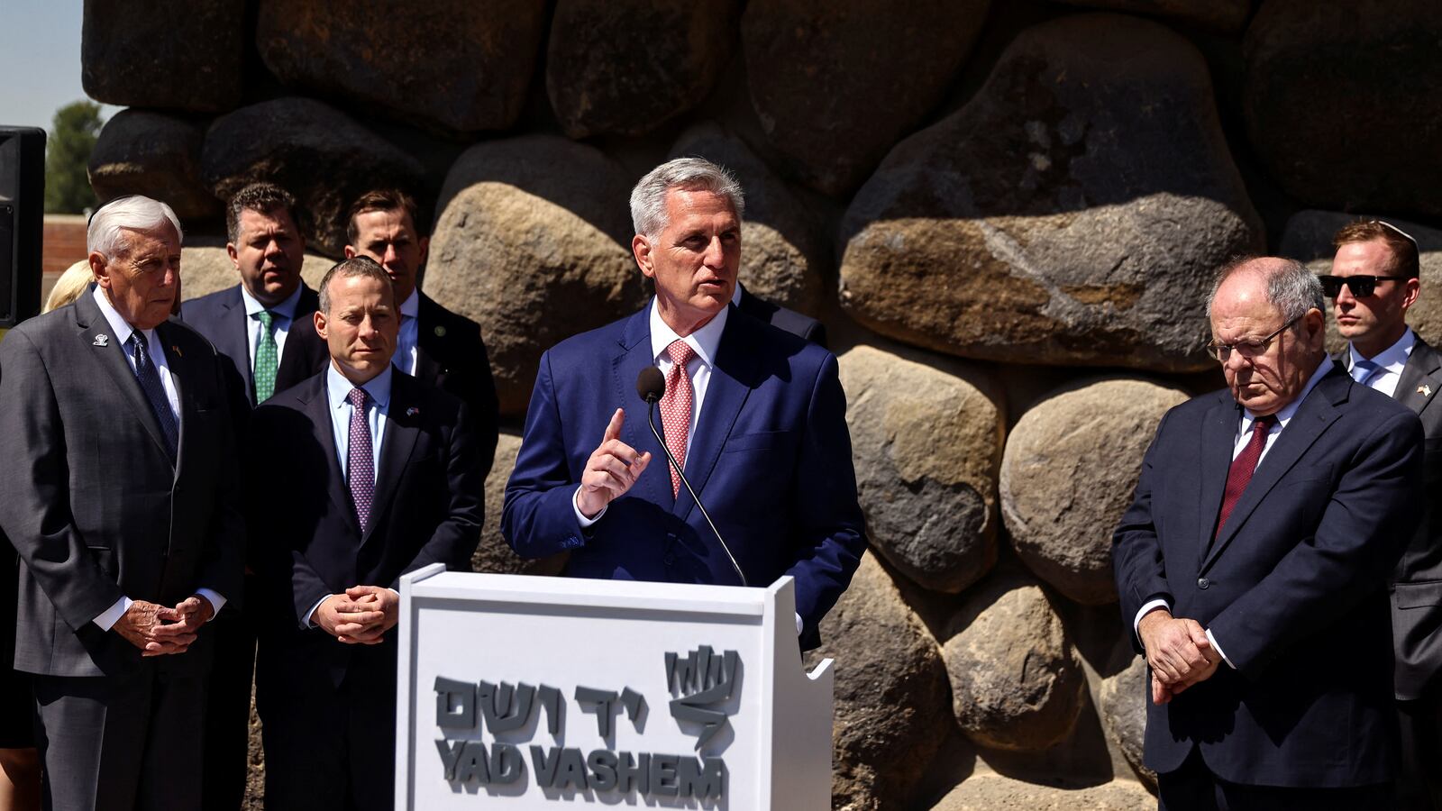 U.S. House Speaker Kevin McCarthy speaks from a podium during a visit to Yad Vashem in Jerusalem, May 1, 2023.