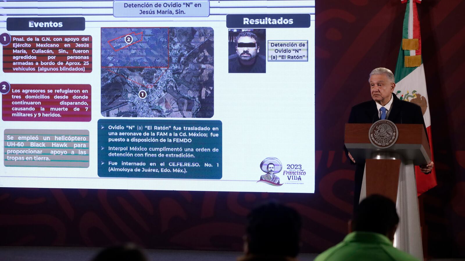 Mexican President Andres Manuel Lopez Obrador at the report on the capture of drug trafficker Ovidio Guzman Lopez.