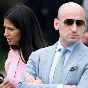 UNITED STATES - APRIL 21: Stephen Miller, White House deputy chief of staff, and his wife, Katie Miller, an aide for DOGE, attend the White House Easter Egg Roll on Monday, April 21, 2025. (Tom Williams/CQ-Roll Call, Inc via Getty Images)